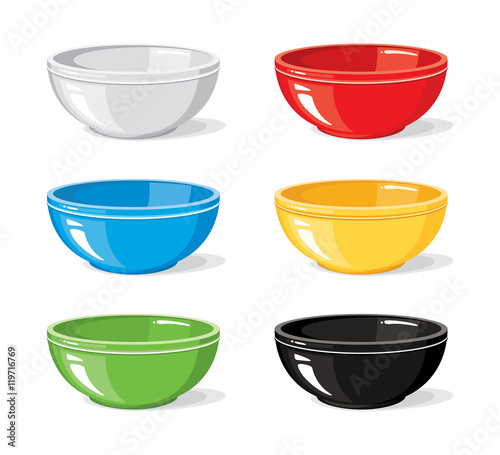 Red, blue, green, yellow, white and black empty bowls isolated on a white background photo