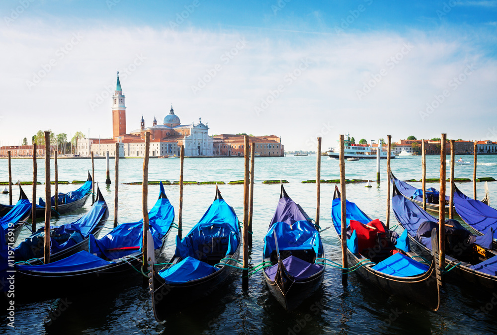 Gondolas floating in the Grand Canal, Venice