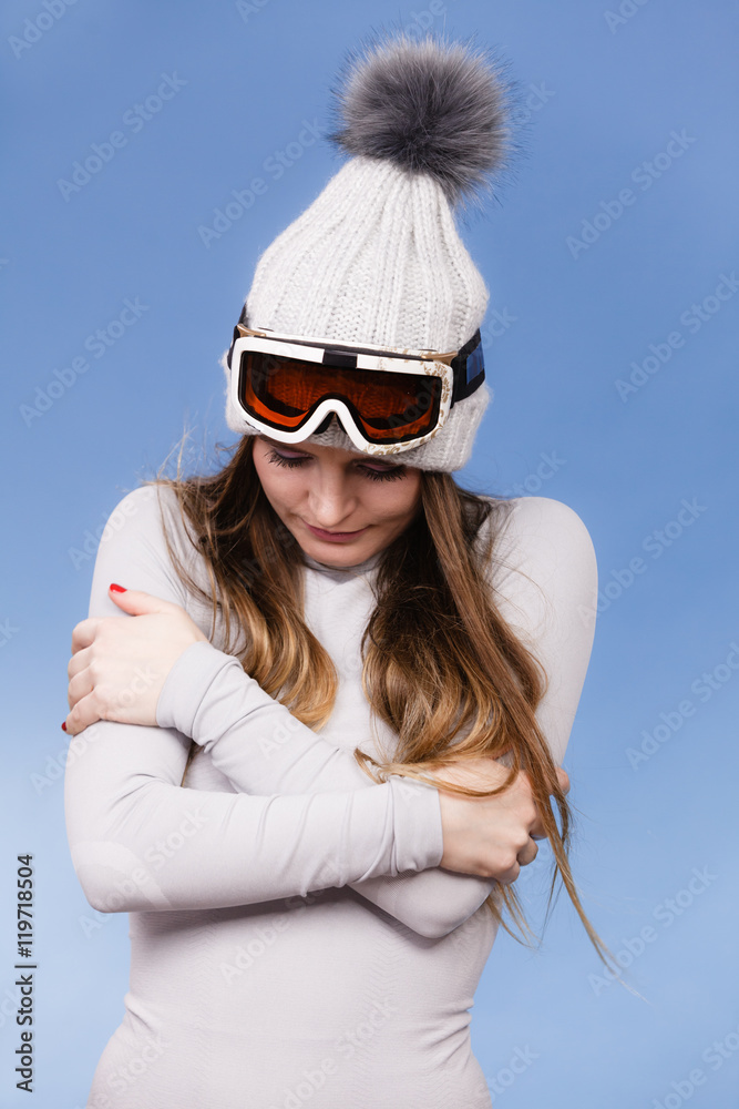woman in thermal underwear ski googles