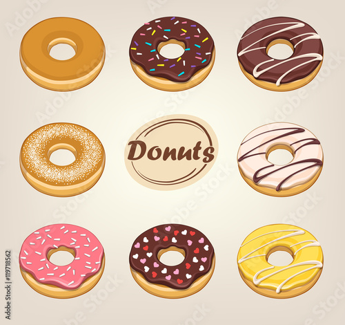 Donuts, sweet, round in glaze. Vector illustration, icon food on light background.