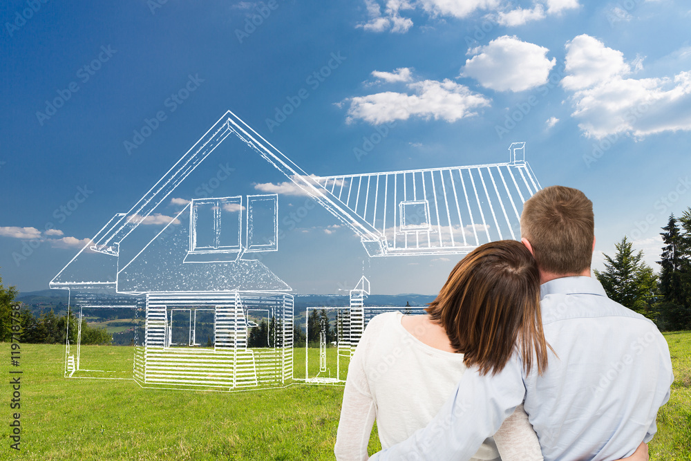 Young couple looking at dream house. - obrazy, fototapety, plakaty 