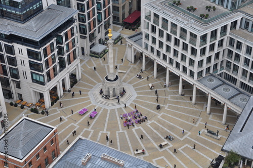 Aerial view of people playing ping pong in Paternoster Square - London, England.