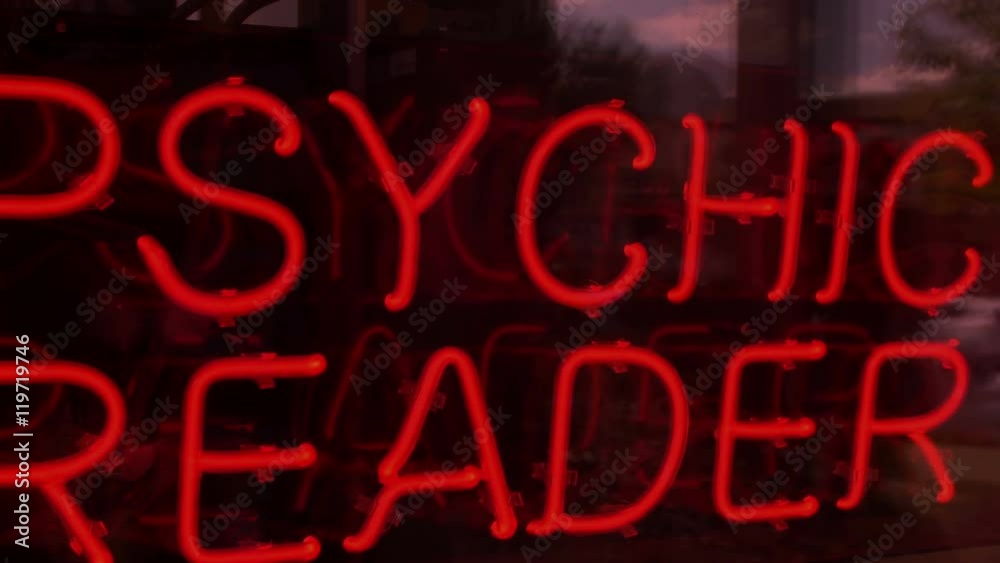 Trippy and weird psychic reader neon sign going in an out of focus, smooth but random movement