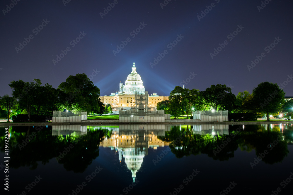 Long Exposure at Night of the United States Capitol with reflection