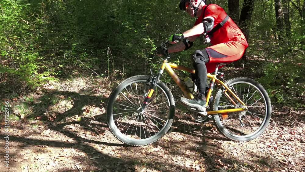 Mountain Bike traveling fast along autumn leaves forest Mountain Bike traveling fast along autumn leaves forest