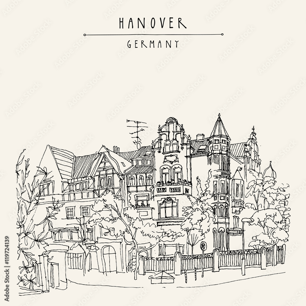 Old town in Hanover, Germany, Europe. Nouveau historical building, trees. Freehand drawing. Travel sketch. Vintage touristic postcard, poster template or book illustration