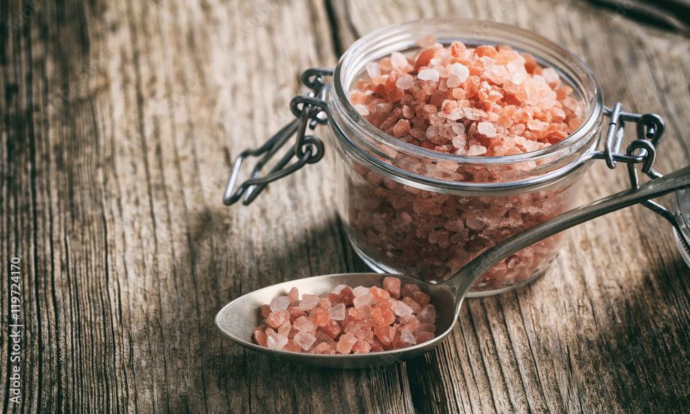 Pink Himalayan salt on a table Pink Himalayan salt on a table