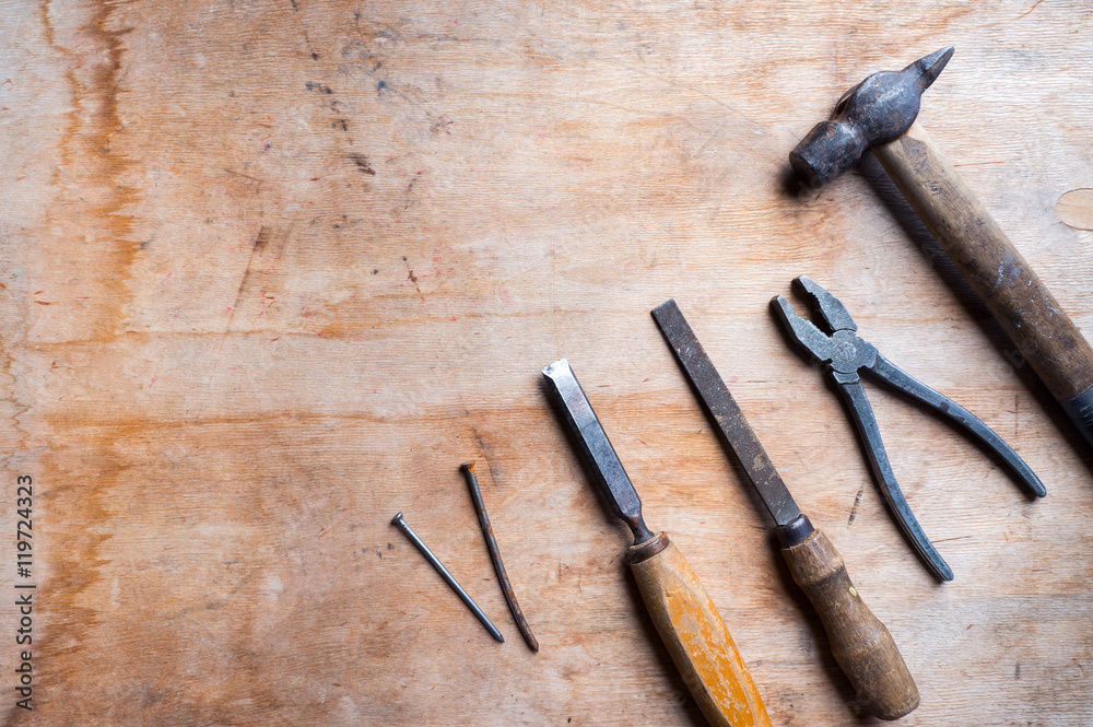 Joinery tools and instruments on grunge background. Rustic backdrop with copy space for text Joinery tools and instruments on grunge background. Rustic backdrop with copy space for text