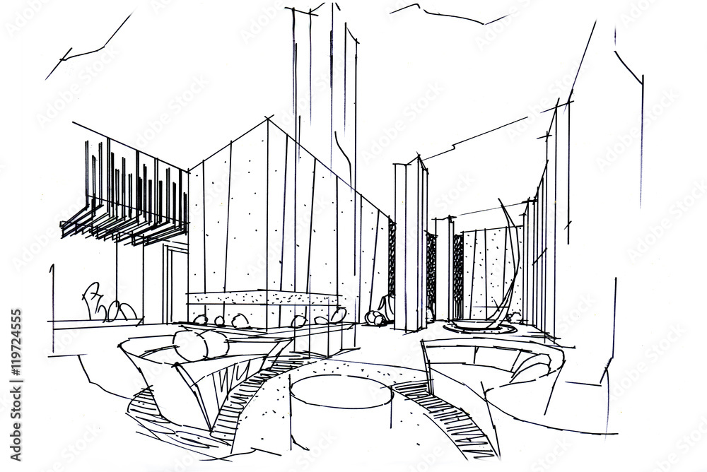 Sketch Interior Perspective Lobby, Black And White Interior Design. Stock  Photo, Picture and Royalty Free Image. Image 63916671.