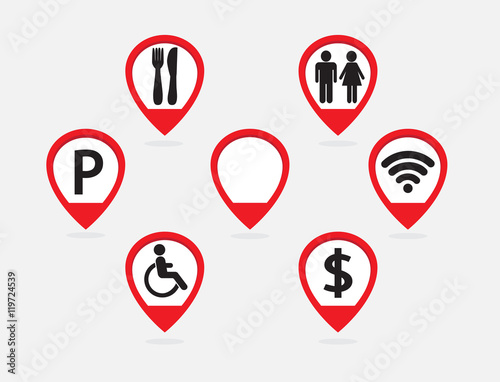 Map markers vector. Restaurant restrooms parking internet bank accessibility. Free Download Map markers vector. Restaurant restrooms parking internet bank accessibility. - GFXLoad