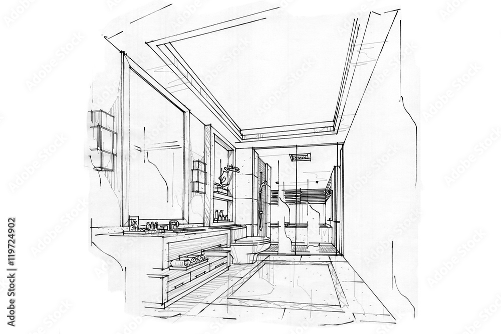 sketch interior perspective BATH ROOM, black and white interior design.