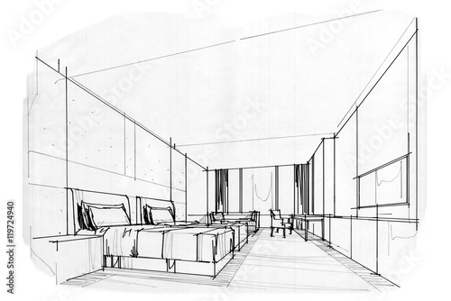 sketch interior perspective BED ROOM, black and white interior design.