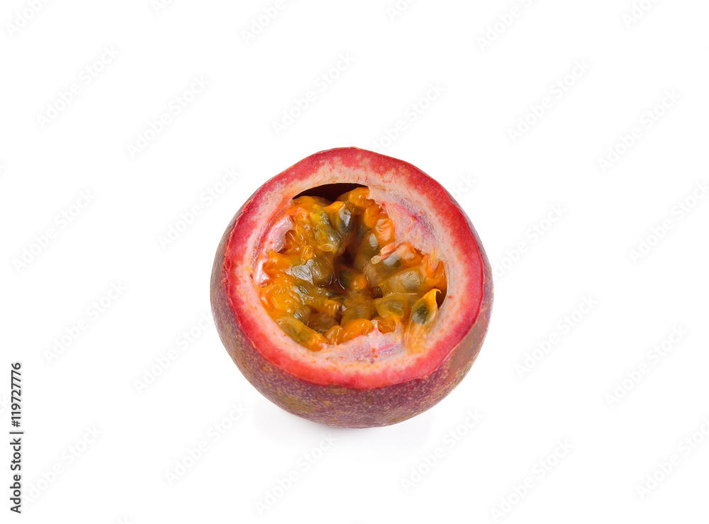 passion fruit , cut open on white
