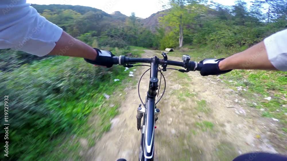 Pov Extreme Mountain Biking On Dirt Trail, 