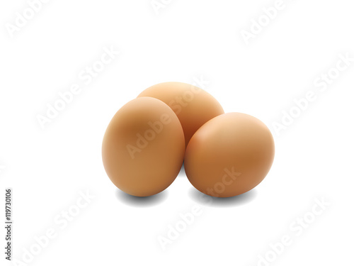 Realistic three brown eggs with drop shadow isolated on white background, vector