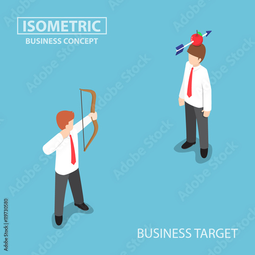 Isometric businessman shoot an apple on colleague head