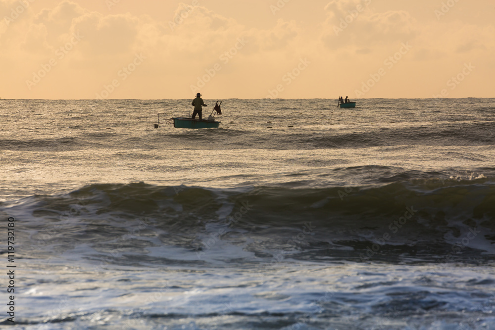 fishing coracles on sea, tribal boats at fishing village