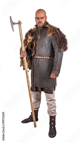 Medieval Viking armor is fighting with two-handed ax. Isolated on white