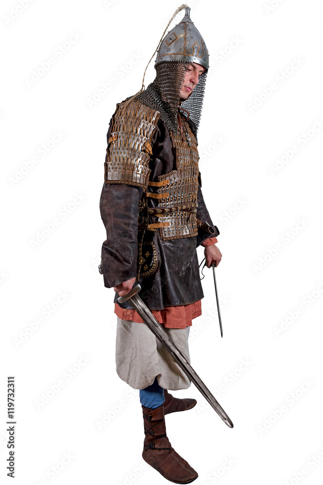 Ancient Russian combatant in armor. Isolated on white Stock Photo