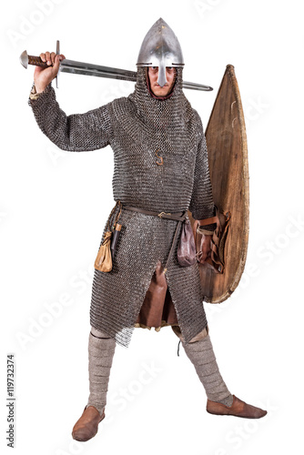 Norman knight dressed warrior 2nd half of the 11th century. Isolated on white