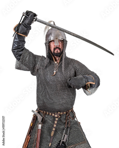 Bulgarian soldier Khazar khanate. 9-10 century. Isolated on white photo