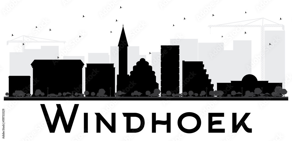 Windhoek City skyline black and white silhouette.