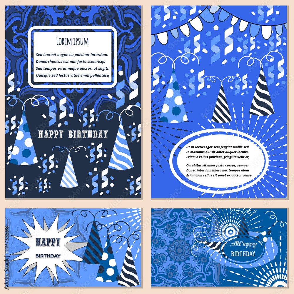 Set Happy Birthday vector cards. on decorated background. Happy Birthday template and mandala pattern, brochure, gift certificate, party invitation, congratulation