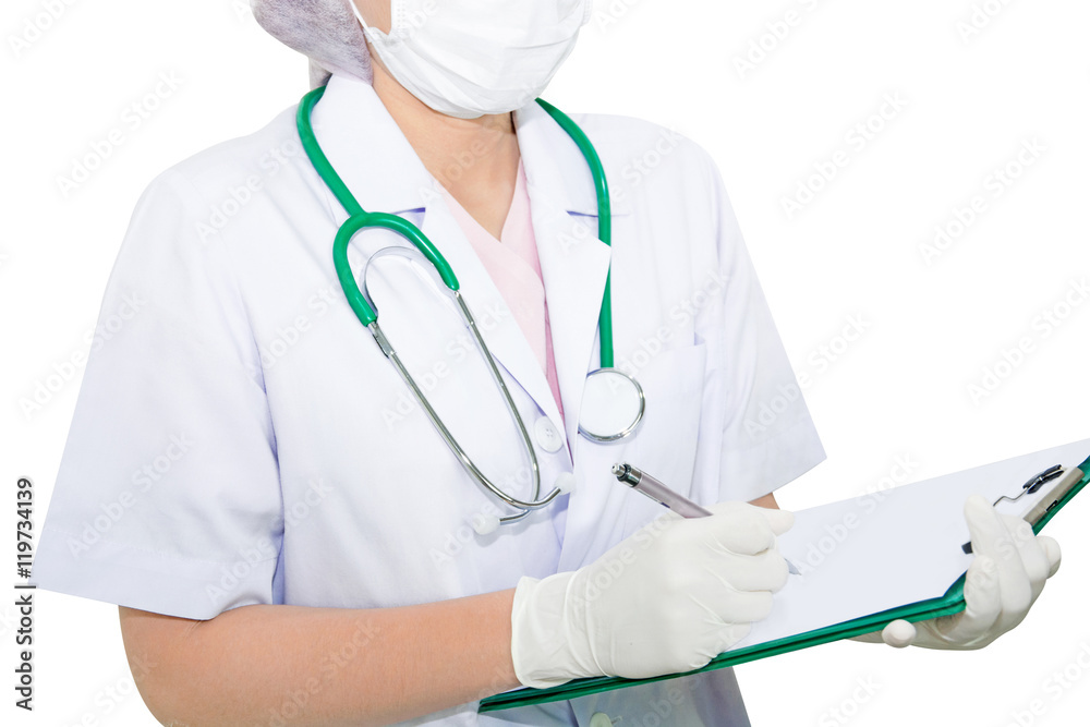 Medical female doctor making notes in document Medical female doctor making notes in document