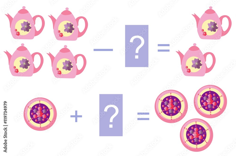 Educational game for children.Cartoon illustration of mathematical addition and subtraction. Easy editable pattern. Educational game for children.Cartoon illustration of mathematical addition and subtraction. Easy editable pattern.