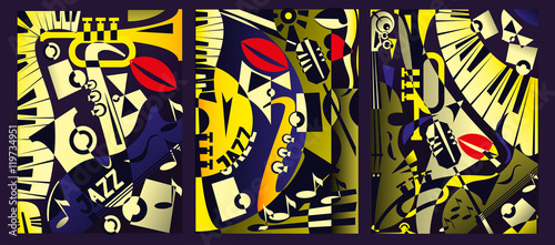 Design banner jazz music in retro geometric abstraction style. Triptych painting. Vector illustration