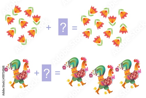 Fototapeta Naklejka Na Ścianę i Meble -  Educational game for children. Examples with cute colorful roosters and flowers. Cartoon illustration of mathematical addition. Vector image.