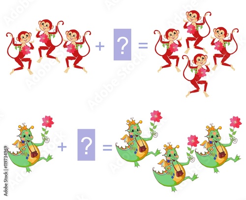Educational game for children. Examples with cute colorful monkeys and dino. Cartoon illustration of mathematical addition. Vector image.