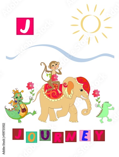 Cute cartoon english alphabet with colorful image and word. Kids vector ABC on white background. Letter J.
