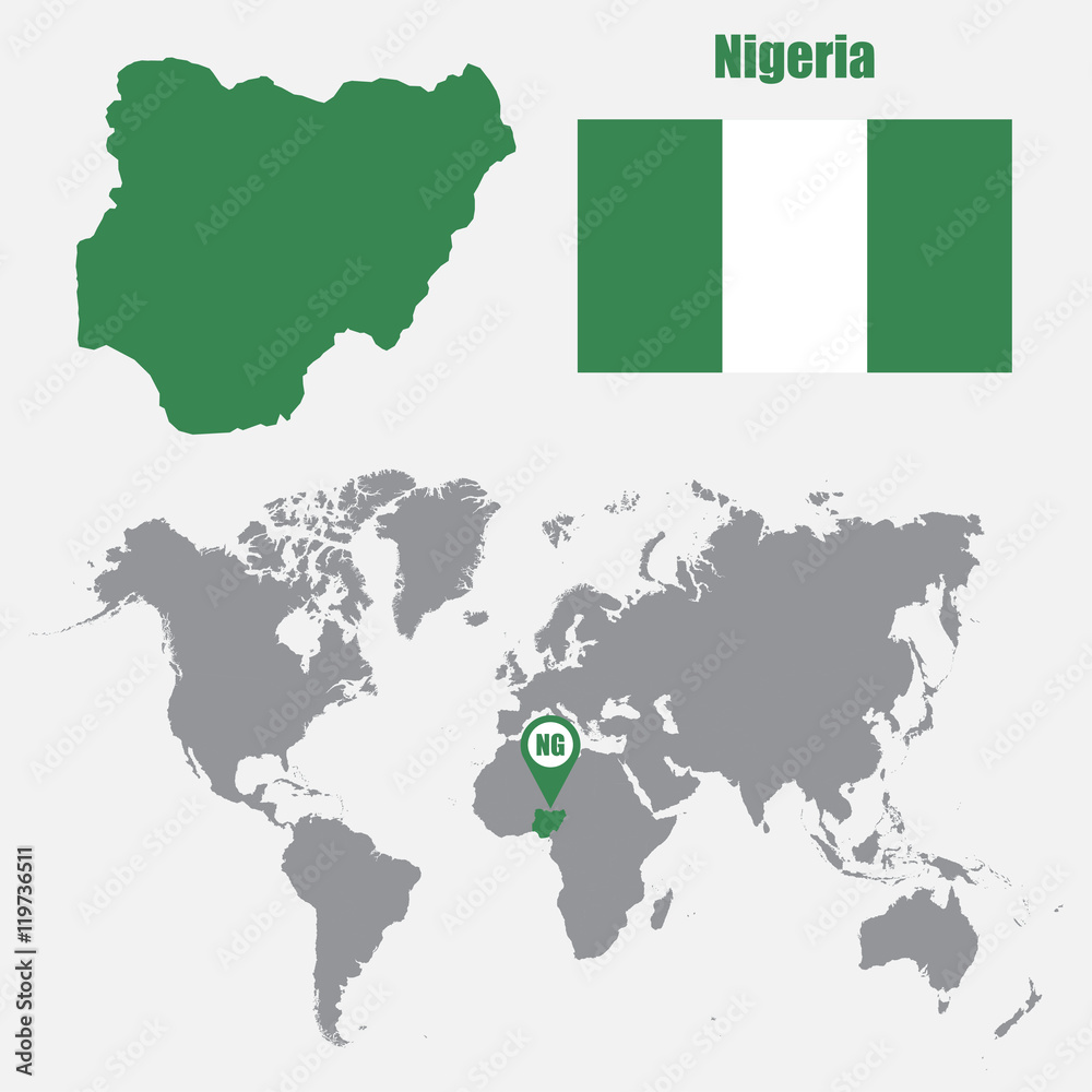 Nigeria map on a world map with flag and map pointer. Vector illustration