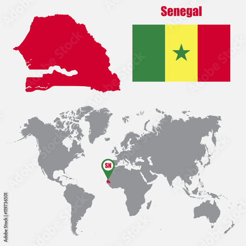 Senegal map on a world map with flag and map pointer. Vector illustration