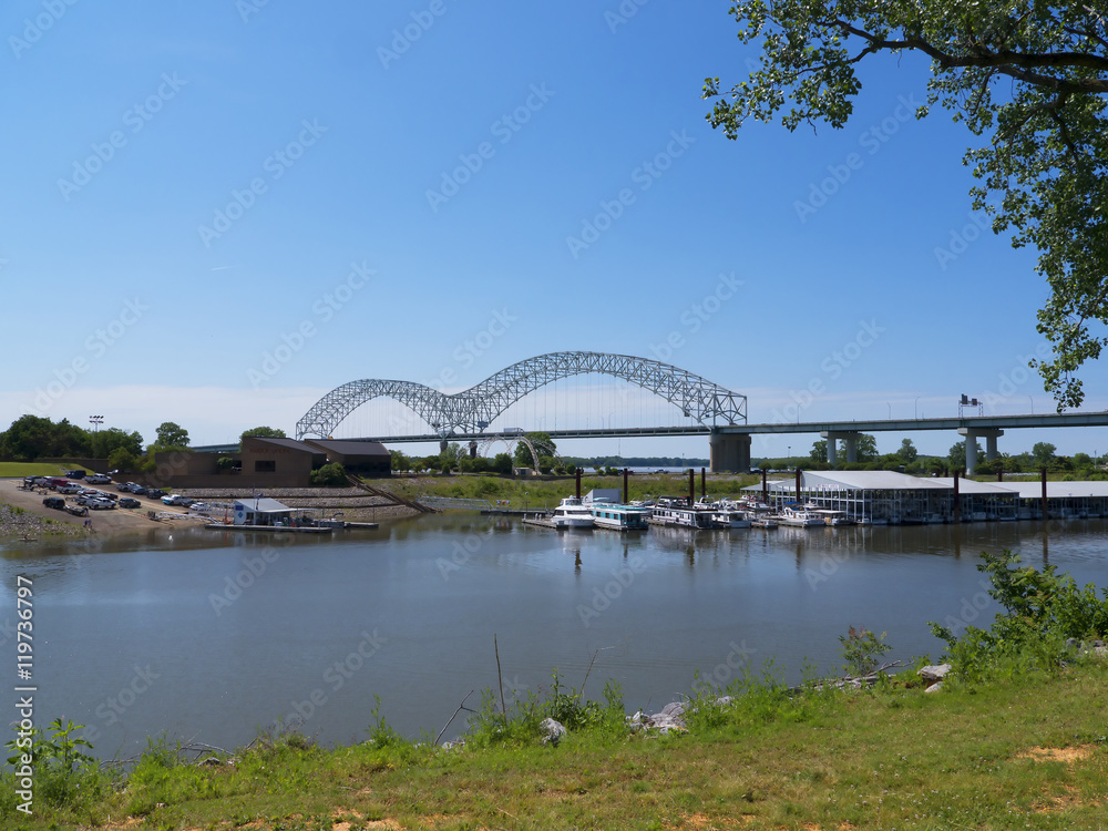Memphis Visitors Centre Tennessee USA by the Mississippi River and the Dolly Parton Bridge
