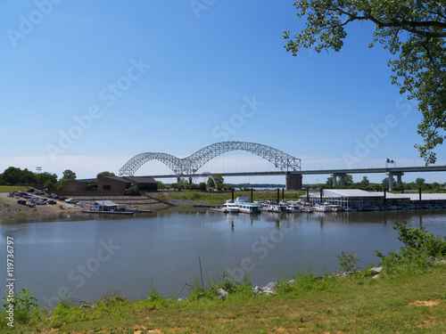 Memphis Visitors Centre Tennessee USA by the Mississippi River and the Dolly Parton Bridge   © quasarphotos