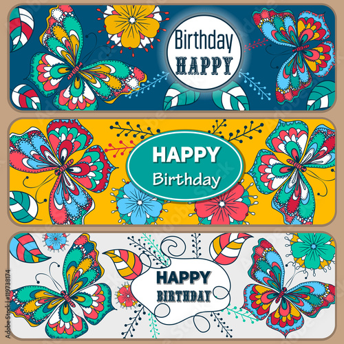 Set Happy Birthday vector cards. on decorated background. butterflies and flowers pattern, brochure, gift certificate, party invitation, congratulation