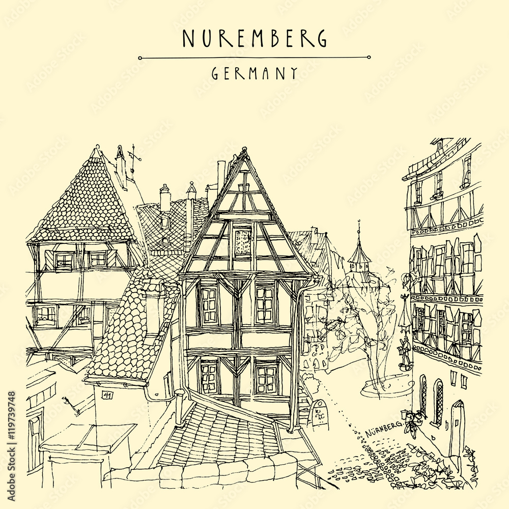 Nuremberg Germany vintage hand drawn postcard