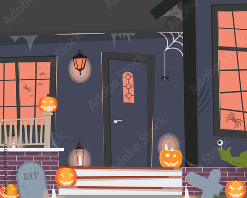 View of the entrance to the house decorated for Halloween. Vector illustration