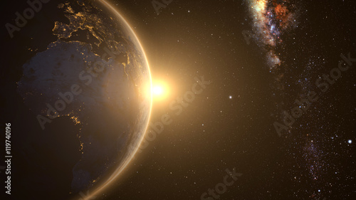 Planet Earth with a spectacular sunrise with milkyway in the background. 3d render.