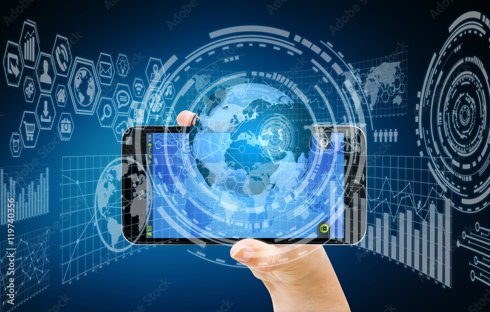 Businesswoman using digital mobile phone charts interface Businesswoman using digital mobile phone charts interface