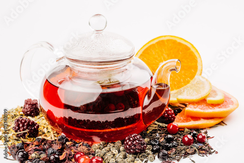 Healthy fruit Tea in a glass Pot