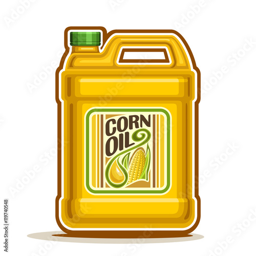 Vector logo big yellow plastic Bottle with Corn Oil and label, gallon canister filled maize cooking oil, cartoon large container with viscous liquid with cap and handle, closeup isolated on white.