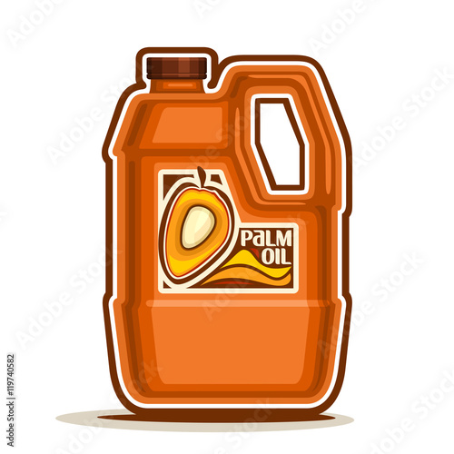 Vector logo big orange plastic Bottle with Palm Oil fruits and label, gallon canister pure cooking oil, cartoon large container with organic liquid with cap and handle, closeup isolated on white.