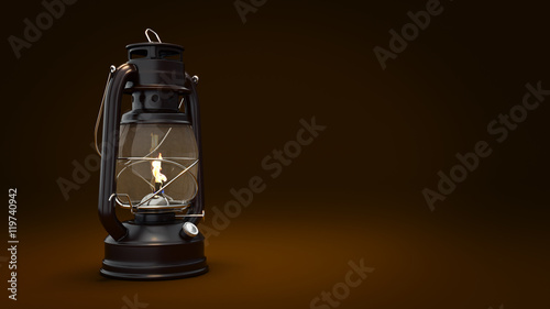 Burning kerosene lamp background, concept lighting. 3d rendering