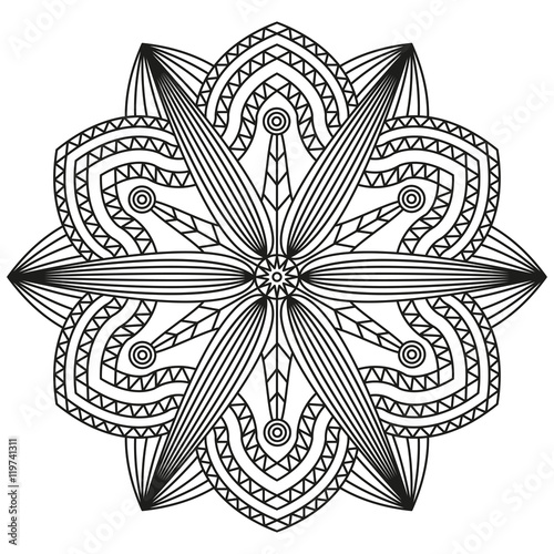 Geometric mandala pattern in black & white. Ornamental print for coloring book pages, tattoos & mural decor. 