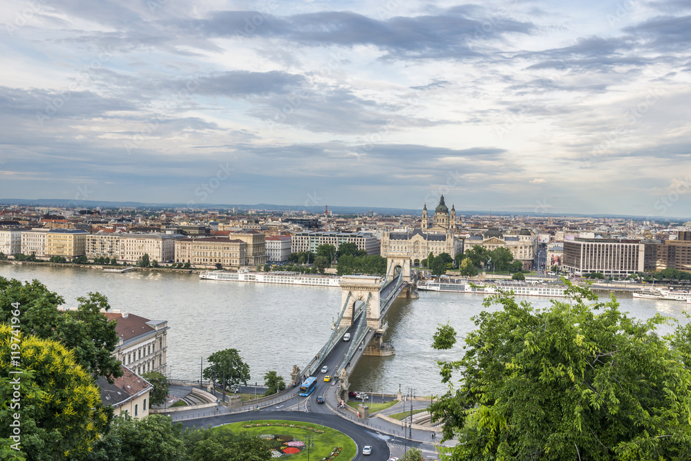 Top view of the Budapest and Szechenyi Chain Bridge. Hungary.