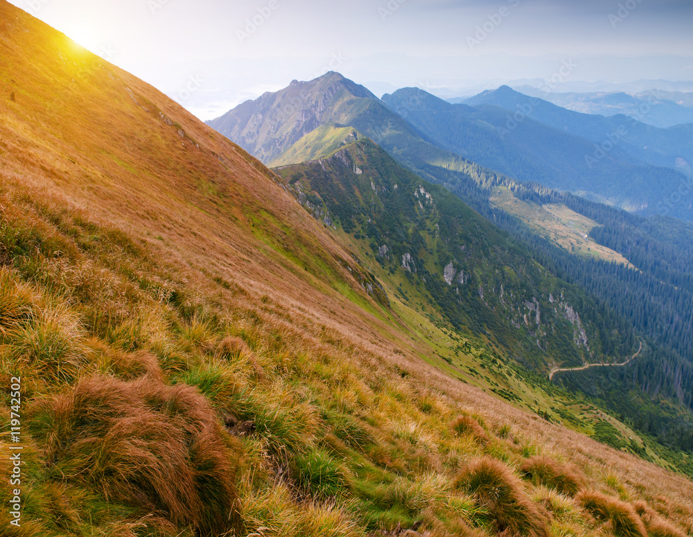 sunrise, the sun's rays illuminate the beautiful panorama of the Carpathian village against backdrop of scenic mountains, where the highlanders live Hutsul. Wild forests, fields pastures