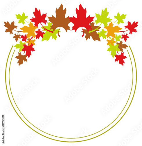 Autumn round frame with colorful maple leaves. Vector clip art.